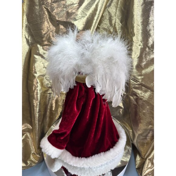 Porcelain Angel Tree Topper Red Velvet Gold Trim White Feather Wings 14" - Picture 6 of 7